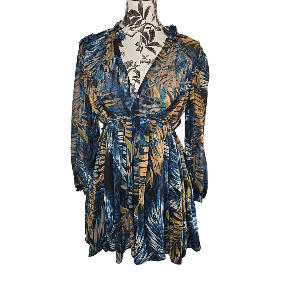 Karlie Mini Dress Women S‎ Blue Tropical Leaf Print Ruffle V-Neck Boho 77-20LDJ